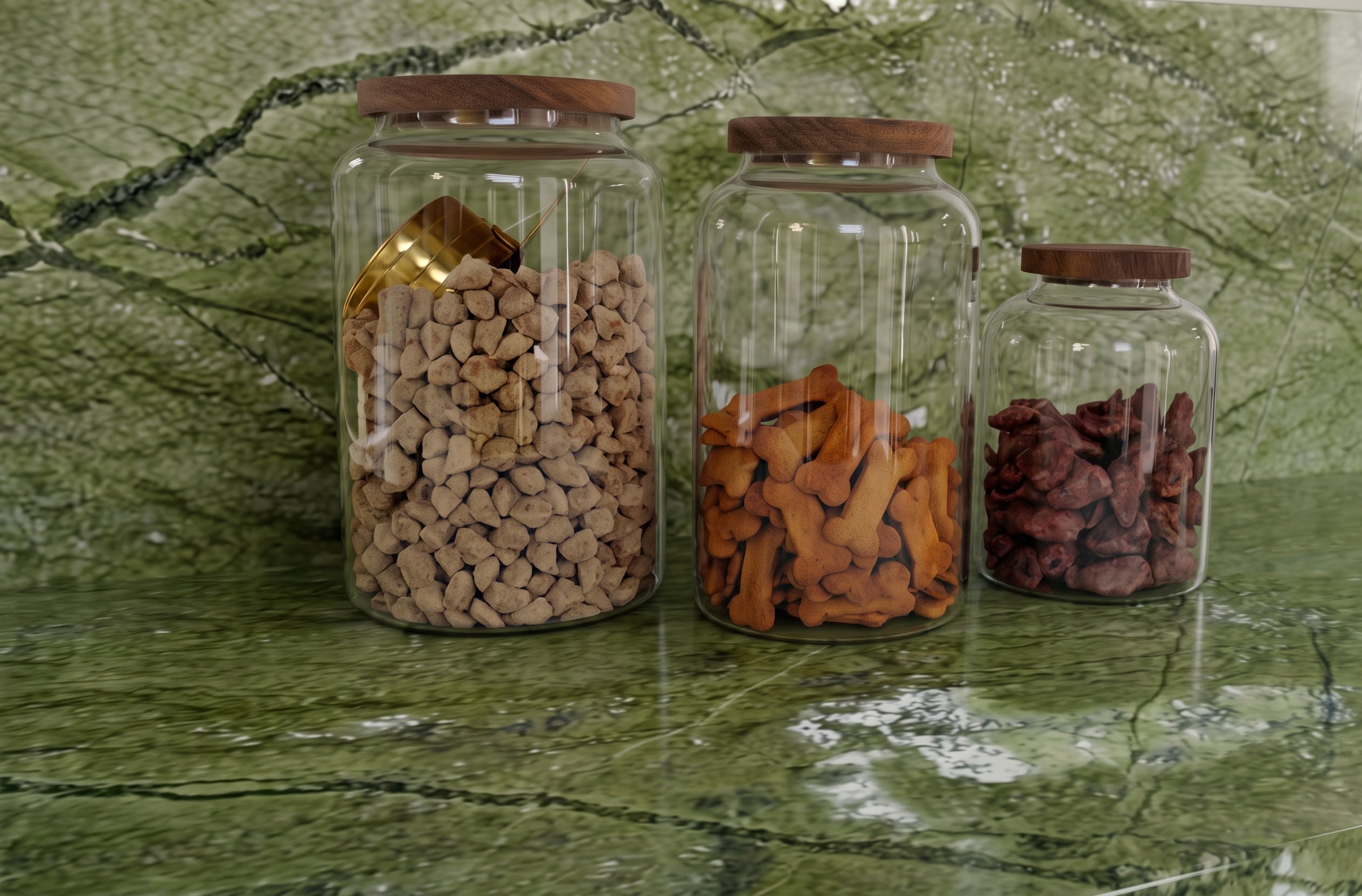 Glass biscuit jars on a green marble counter