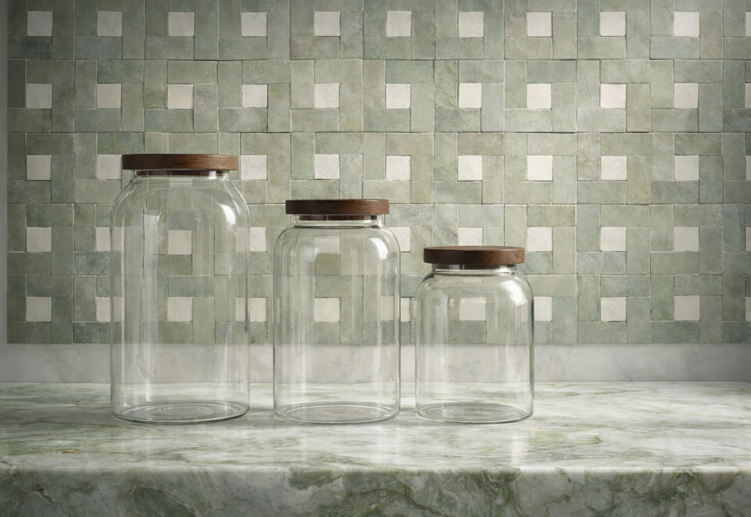 Three empty glass treat jars with wooden lids against green patterned tiles