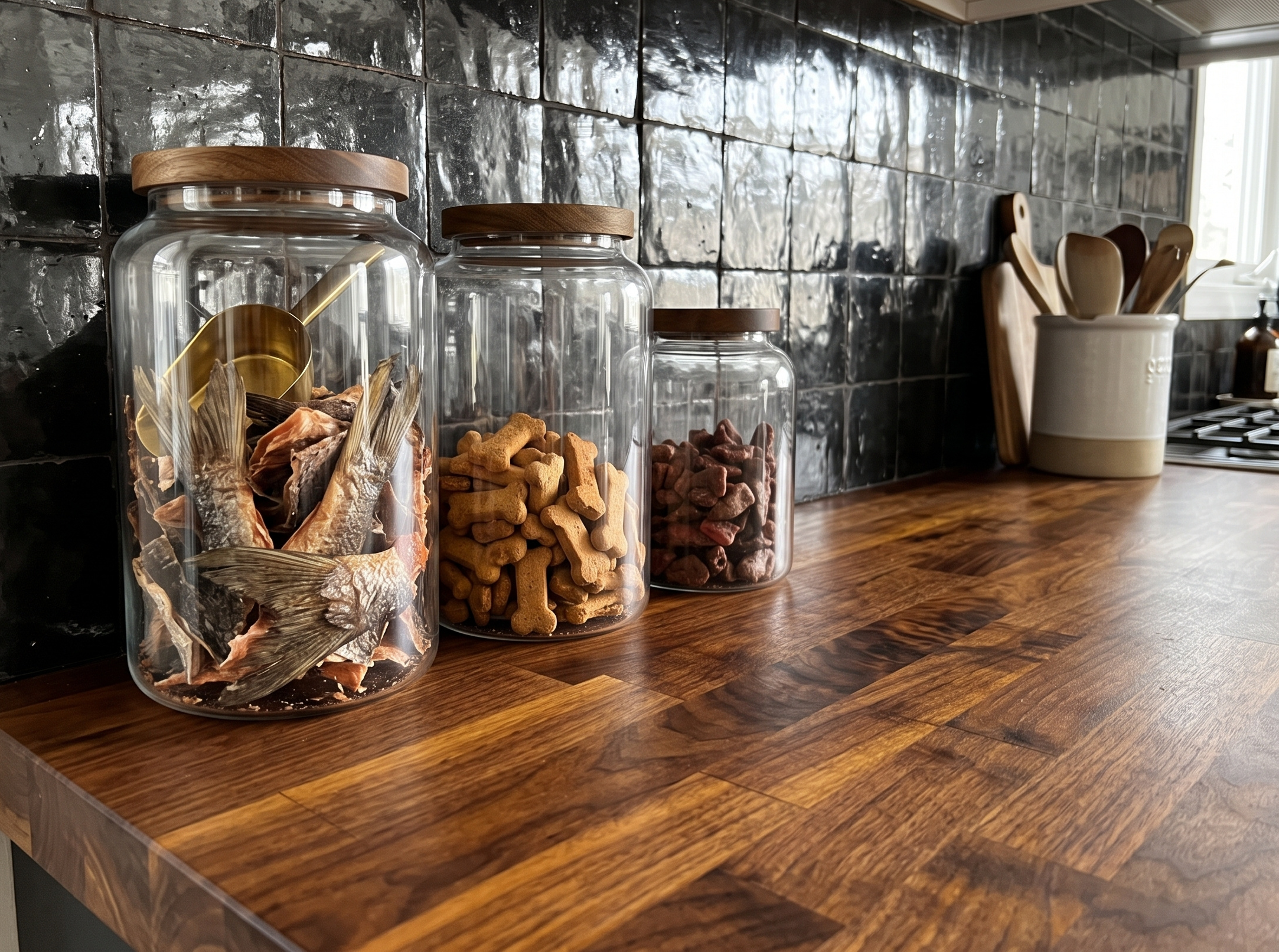 Glass Treat Jars — jars of treats lined up on a walnut counter