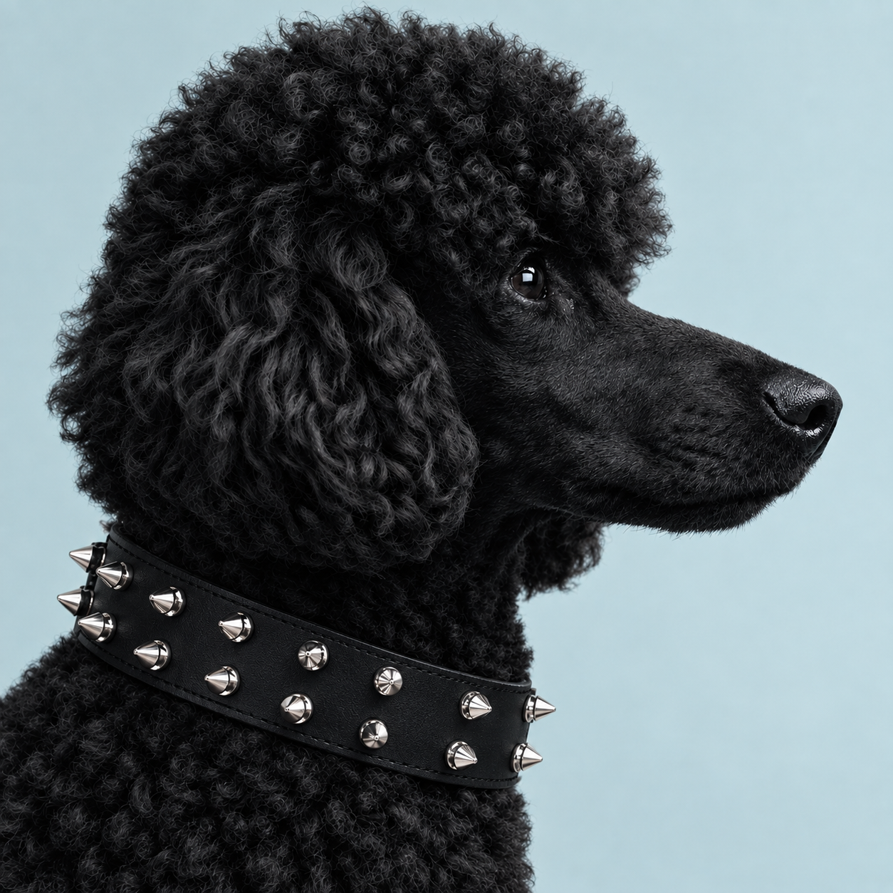 Black dog wearing a studded collar